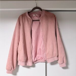 Blush Pink Bomber Jacket – Size Large – Soft Faux Suede – Lightweight Zip Up